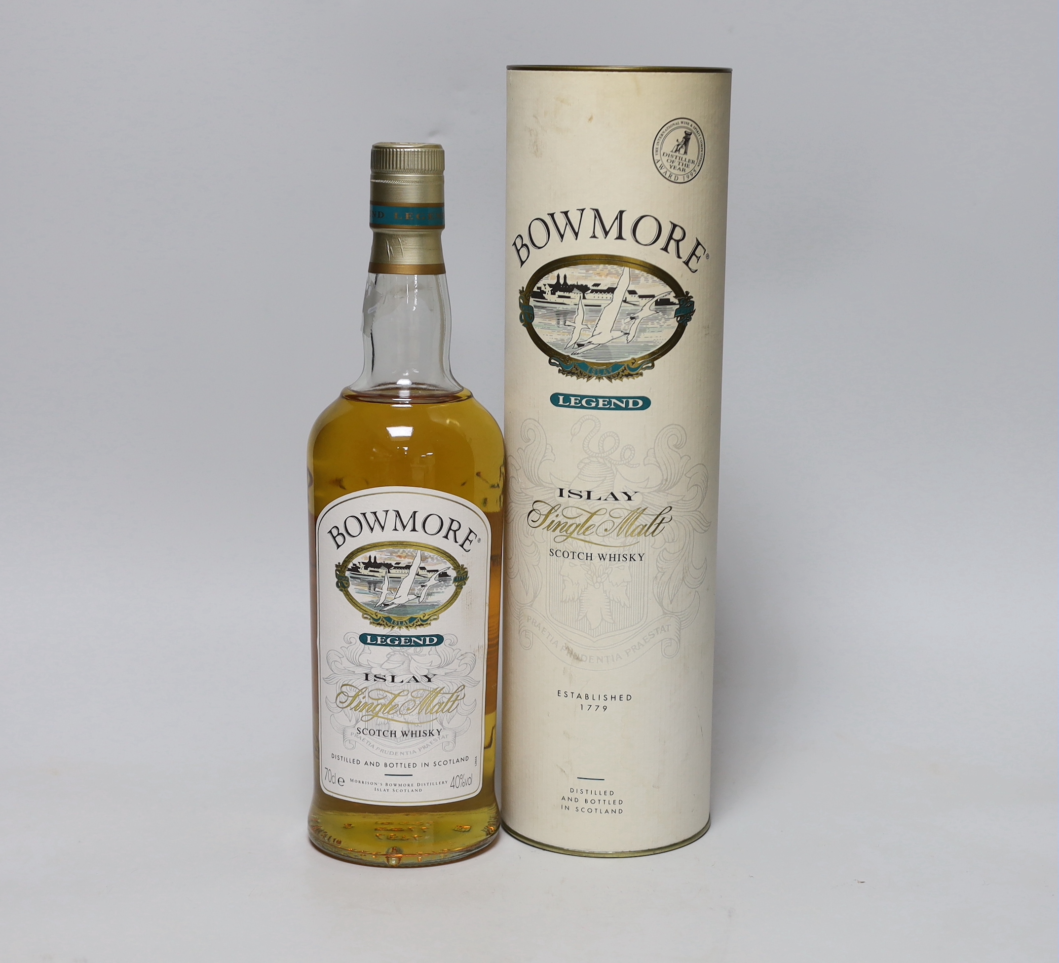 A bottle of Bowmore Islay single malt whisky